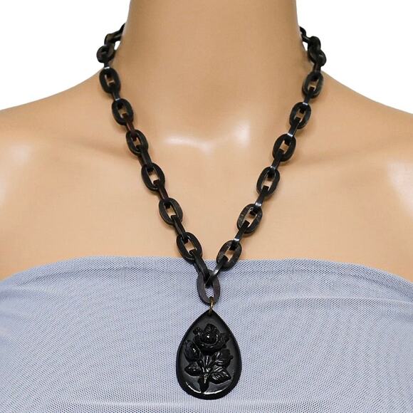 Mourning Jewelry Revival Necklace 1920-1940 - Lacquered Jet And Horn - Picture 1 of 15